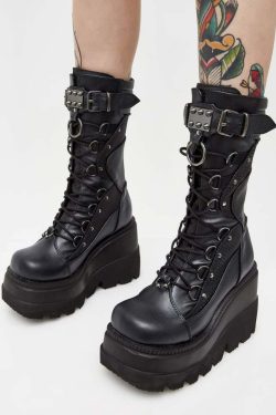 Gothic Punk Mid Calf Platform Wedge Boots - Y2K Grunge, 90s Retro, Summer & Party Outfits