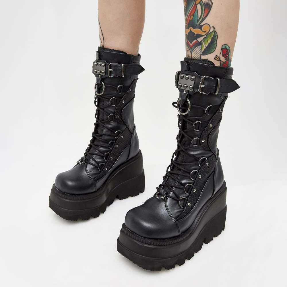 Gothic Punk Mid Calf Platform Wedge Boots - Y2K Grunge, 90s Retro, Summer & Party Outfits