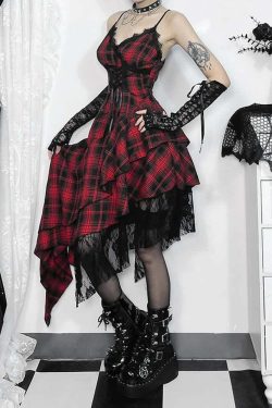 Gothic Punk Plaid Asymmetrical Dress - Y2K Grunge, 90s Fashion, Retro Summer Outfit