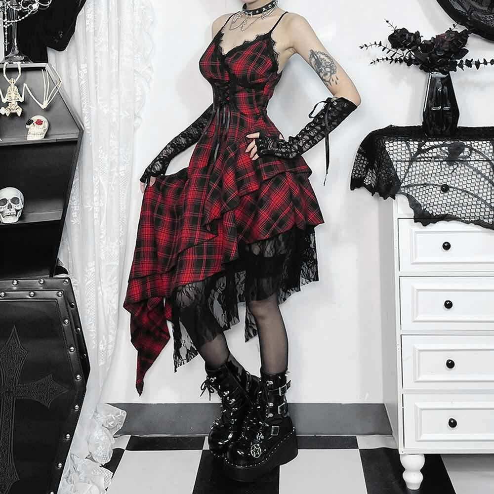 Gothic Punk Plaid Asymmetrical Dress - Y2K Grunge, 90s Fashion, Retro Summer Outfit