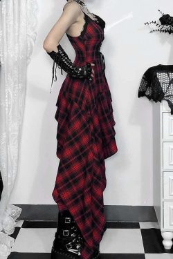 Gothic Punk Plaid Asymmetrical Dress - Y2K Grunge, 90s Fashion, Retro Summer Outfit