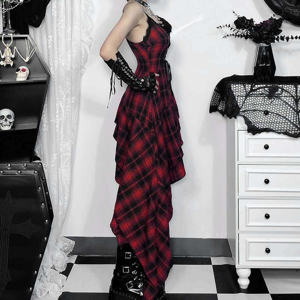 Gothic Punk Plaid Asymmetrical Dress - Y2K Grunge, 90s Fashion, Retro Summer Outfit