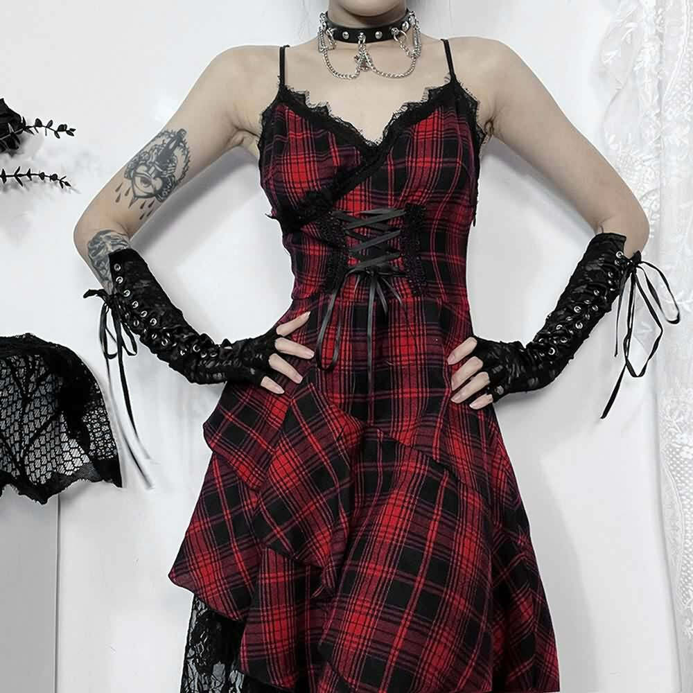 Gothic Punk Plaid Asymmetrical Dress - Y2K Grunge, 90s Fashion, Retro Summer Outfit