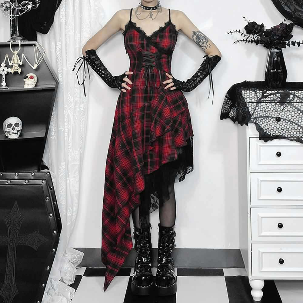 Gothic Punk Plaid Asymmetrical Dress - Y2K Grunge, 90s Fashion, Retro Summer Outfit