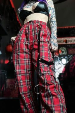 Gothic Red Plaid Cargo Pants - Y2K Grunge 90s Fashion, Retro Summer Outfits, Y2K Club Style