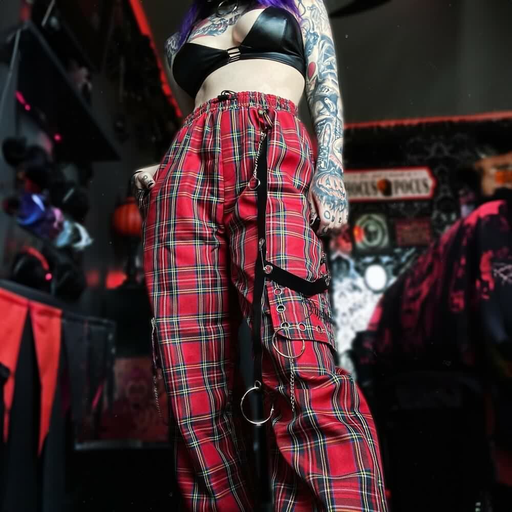 Gothic Red Plaid Cargo Pants - Y2K Grunge 90s Fashion, Retro Summer Outfits, Y2K Club Style