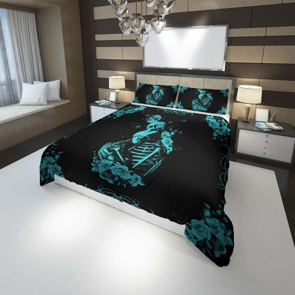 Gothic Romantic Skeleton Couple Duvet Cover Set - Y2K Grunge, 90s Retro, Pastel Goth Bedding