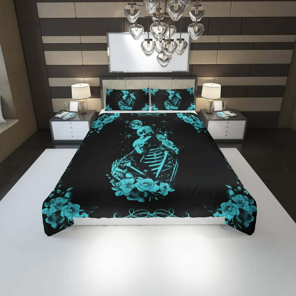 Gothic Romantic Skeleton Couple Duvet Cover Set - Y2K Grunge, 90s Retro, Pastel Goth Bedding