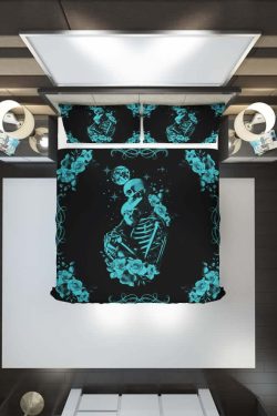 Gothic Romantic Skeleton Couple Duvet Cover Set - Y2K Grunge, 90s Retro, Pastel Goth Bedding