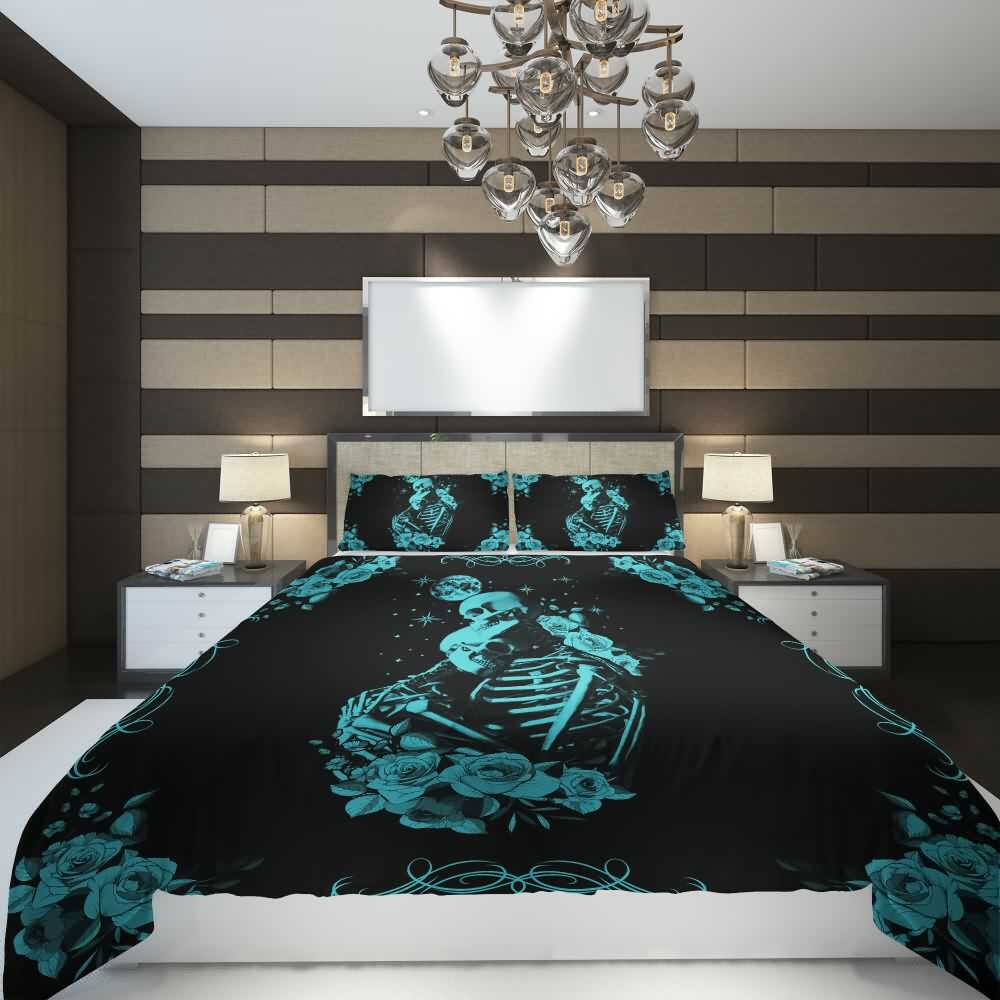 Gothic Romantic Skeleton Couple Duvet Cover Set - Y2K Grunge, 90s Retro, Pastel Goth Bedding