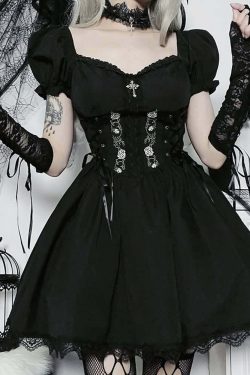 Gothic Rose Lace-Up Short Dress - Y2K Summer Grunge Outfit, 90s Fashion, Retro Style