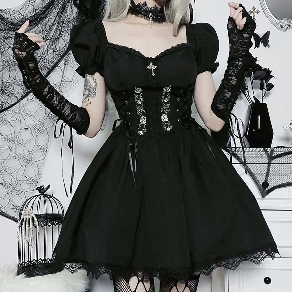 Gothic Rose Lace-Up Short Dress - Y2K Summer Grunge Outfit, 90s Fashion, Retro Style
