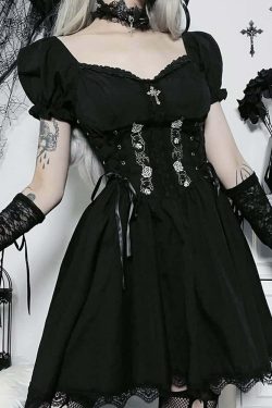 Gothic Rose Lace-Up Short Dress - Y2K Summer Grunge Outfit, 90s Fashion, Retro Style