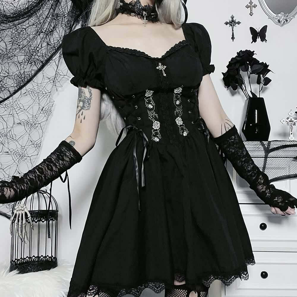Gothic Rose Lace-Up Short Dress - Y2K Summer Grunge Outfit, 90s Fashion, Retro Style
