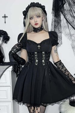 Gothic Rose Lace-Up Short Dress - Y2K Summer Grunge Outfit, 90s Fashion, Retro Style
