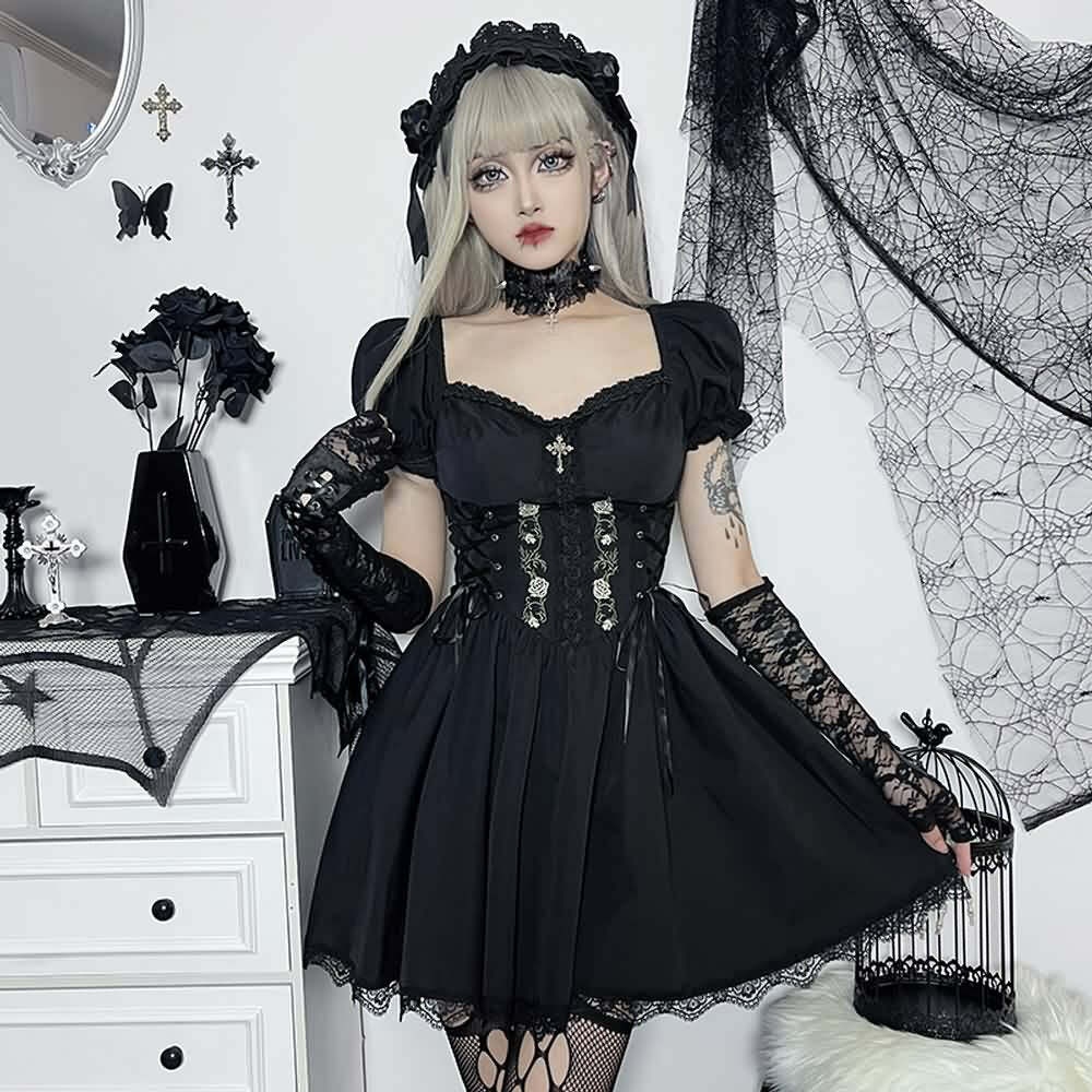 Gothic Rose Lace-Up Short Dress - Y2K Summer Grunge Outfit, 90s Fashion, Retro Style