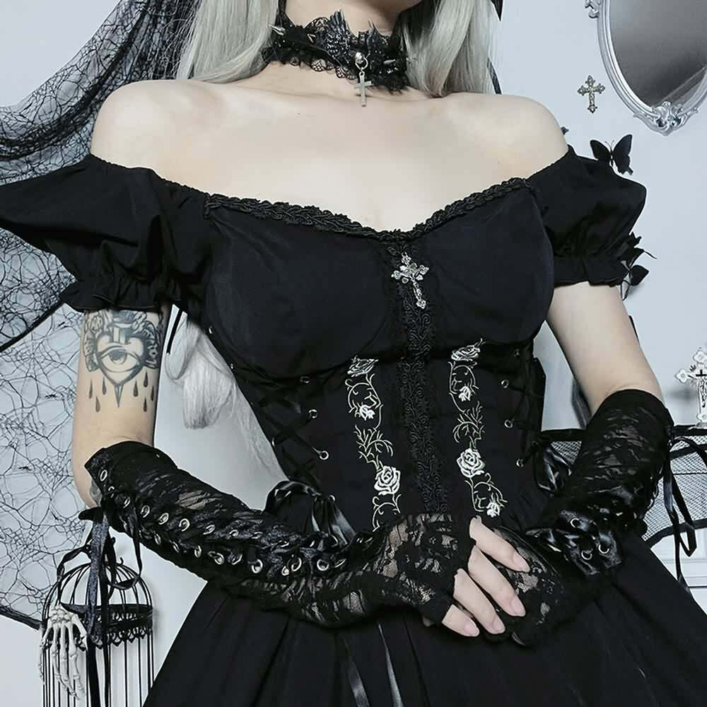 Gothic Rose Lace-Up Short Dress - Y2K Summer Grunge Outfit, 90s Fashion, Retro Style