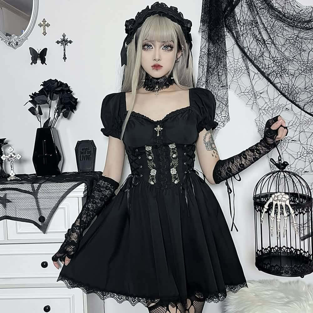Gothic Rose Lace-Up Short Dress - Y2K Summer Grunge Outfit, 90s Fashion, Retro Style