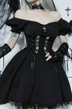 Gothic Rose Lace-Up Short Dress - Y2K Summer Grunge Outfit, 90s Fashion, Retro Style