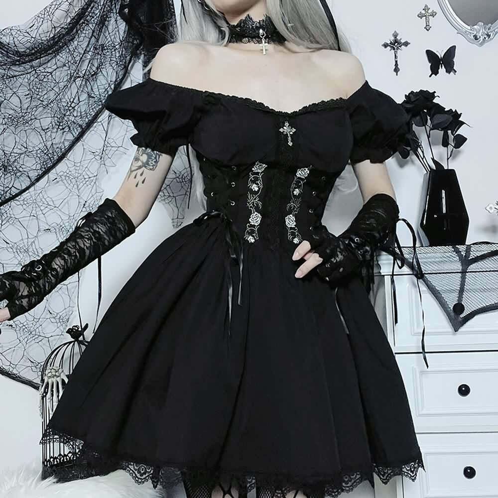 Gothic Rose Lace-Up Short Dress - Y2K Summer Grunge Outfit, 90s Fashion, Retro Style