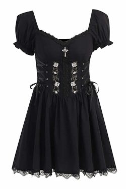 Gothic Rose Lace-Up Short Dress - Y2K Summer Grunge Outfit, 90s Fashion, Retro Style