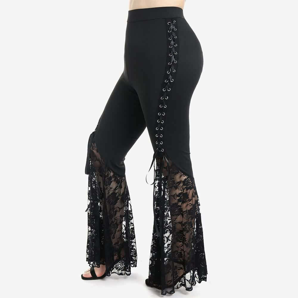 Gothic Rose Lace Flare Pants - Y2K Grunge, 90s Fashion, Retro Style, Y2K Club & Party Out