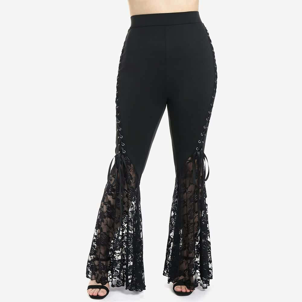 Gothic Rose Lace Flare Pants - Y2K Grunge, 90s Fashion, Retro Style, Y2K Club & Party Out