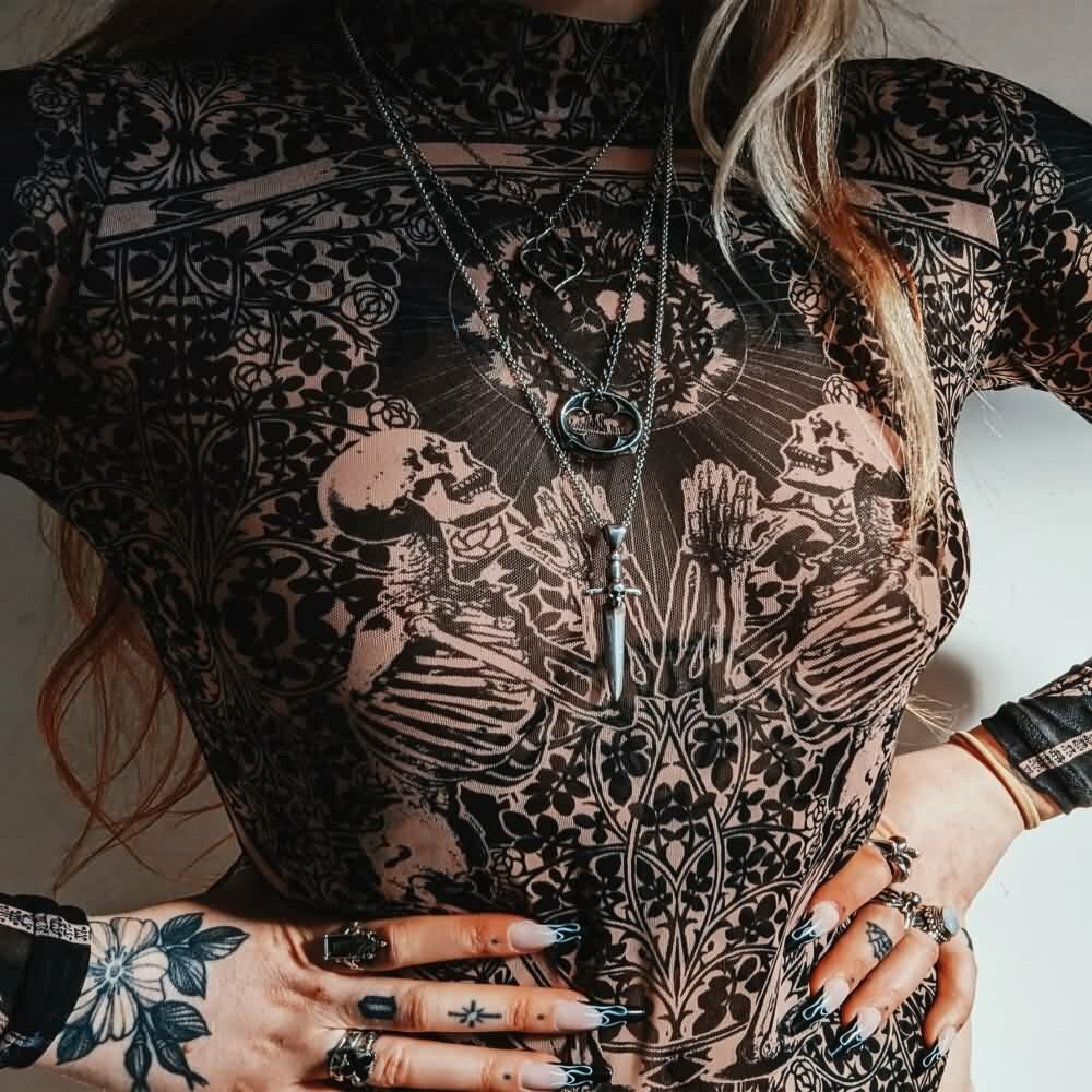 Gothic Sheer High Neck Long Sleeve Bodysuit - Y2K Grunge, 90s Fashion, Retro Summer Outfit