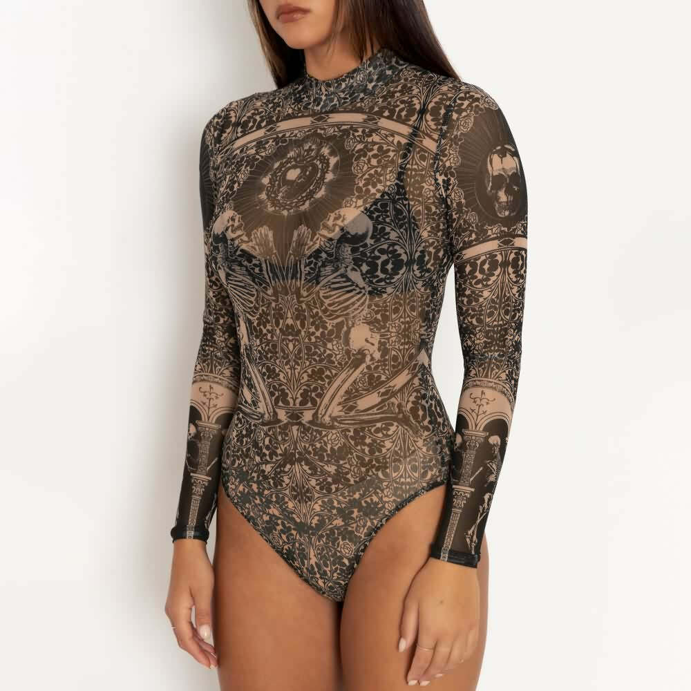 Gothic Sheer High Neck Long Sleeve Bodysuit - Y2K Grunge, 90s Fashion, Retro Summer Outfit