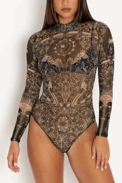Gothic Sheer High Neck Long Sleeve Bodysuit - Y2K Grunge, 90s Fashion, Retro Summer Outfit