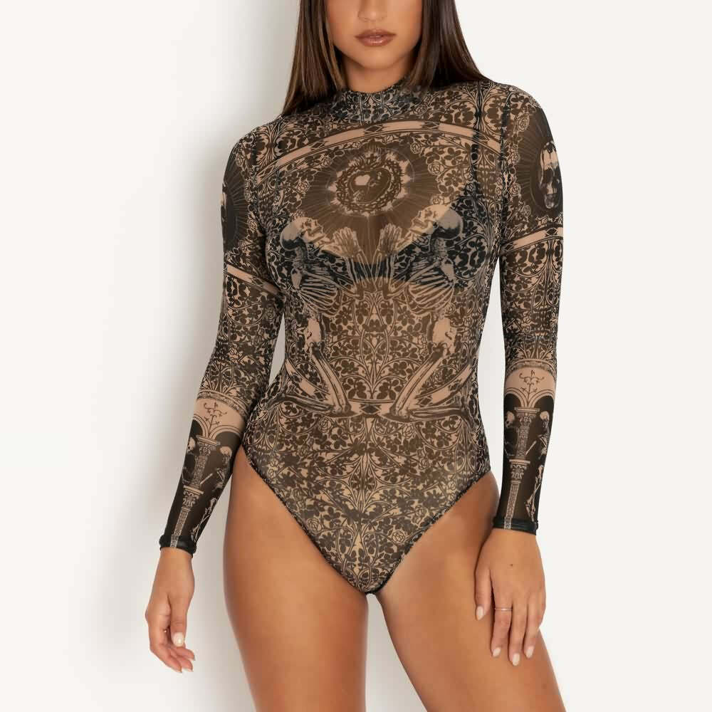 Gothic Sheer High Neck Long Sleeve Bodysuit - Y2K Grunge, 90s Fashion, Retro Summer Outfit