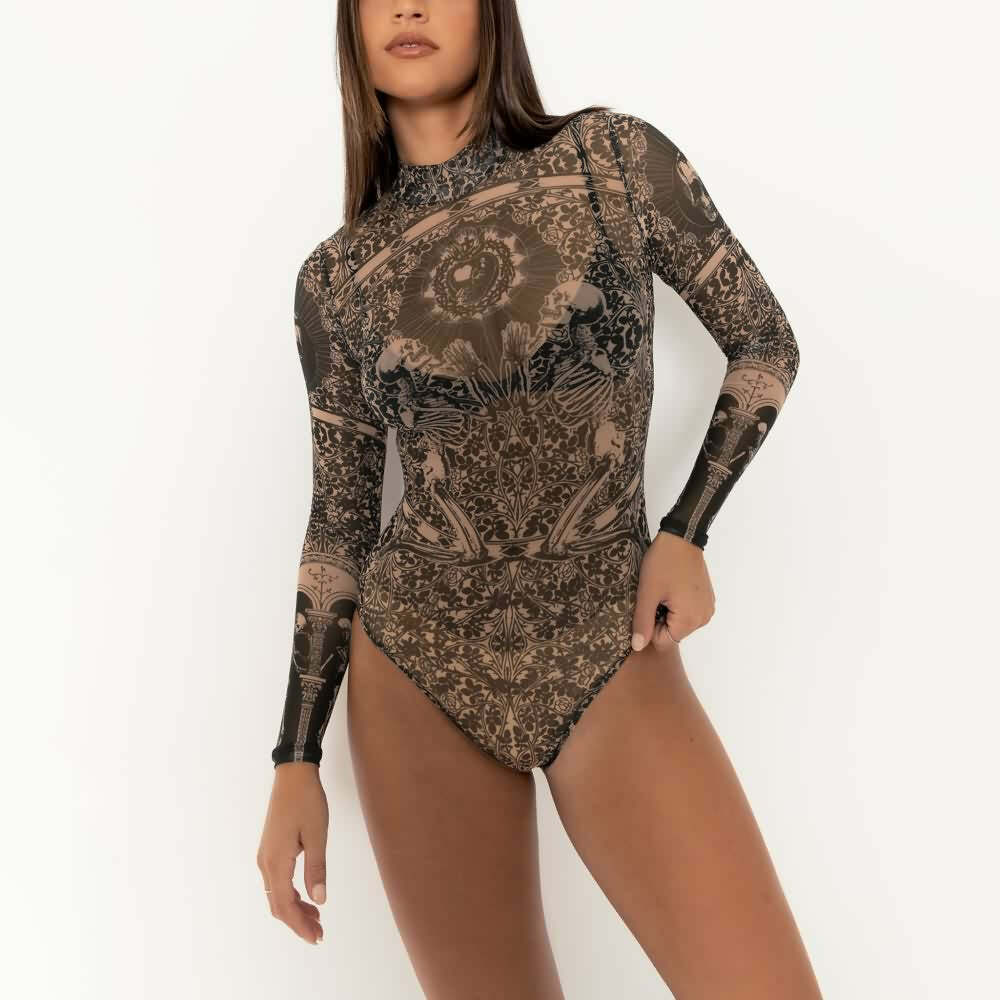 Gothic Sheer High Neck Long Sleeve Bodysuit - Y2K Grunge, 90s Fashion, Retro Summer Outfit