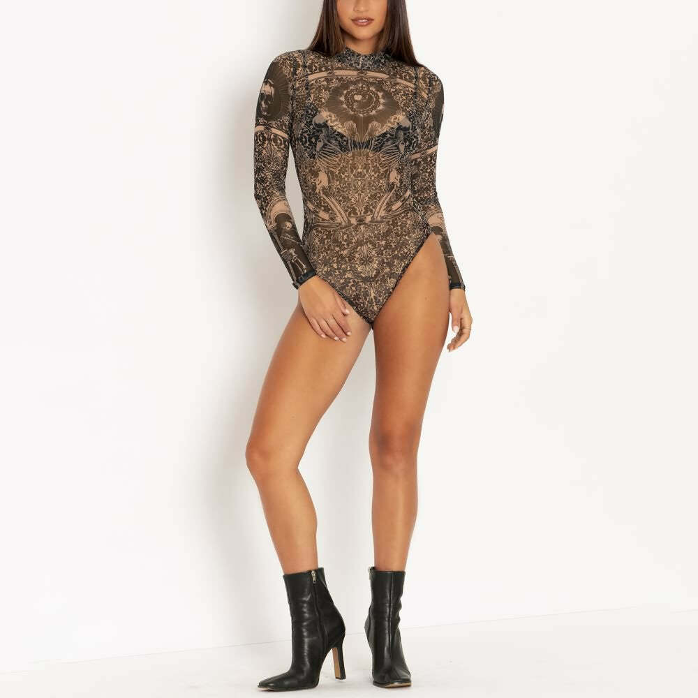 Gothic Sheer High Neck Long Sleeve Bodysuit - Y2K Grunge, 90s Fashion, Retro Summer Outfit