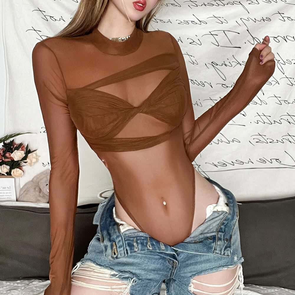 Gothic Sheer Mesh High Cut Long Sleeve Bodysuit - Y2K Grunge, 90s Fashion, Retro Style