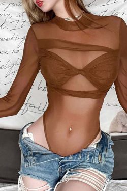 Gothic Sheer Mesh High Cut Long Sleeve Bodysuit - Y2K Grunge, 90s Fashion, Retro Style