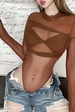 Gothic Sheer Mesh High Cut Long Sleeve Bodysuit - Y2K Grunge, 90s Fashion, Retro Style