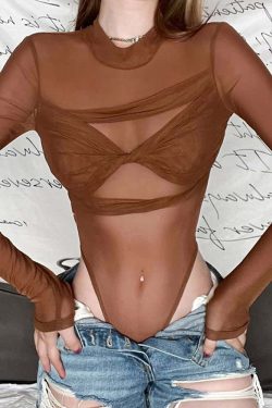 Gothic Sheer Mesh High Cut Long Sleeve Bodysuit - Y2K Grunge, 90s Fashion, Retro Style