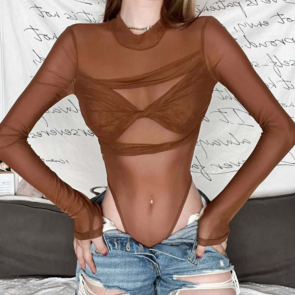 Gothic Sheer Mesh High Cut Long Sleeve Bodysuit - Y2K Grunge, 90s Fashion, Retro Style