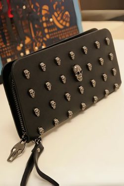 Gothic Skull Black Leather Clutch - Y2K Grunge, 90s Fashion, Retro Style, Pastel Goth Accessory