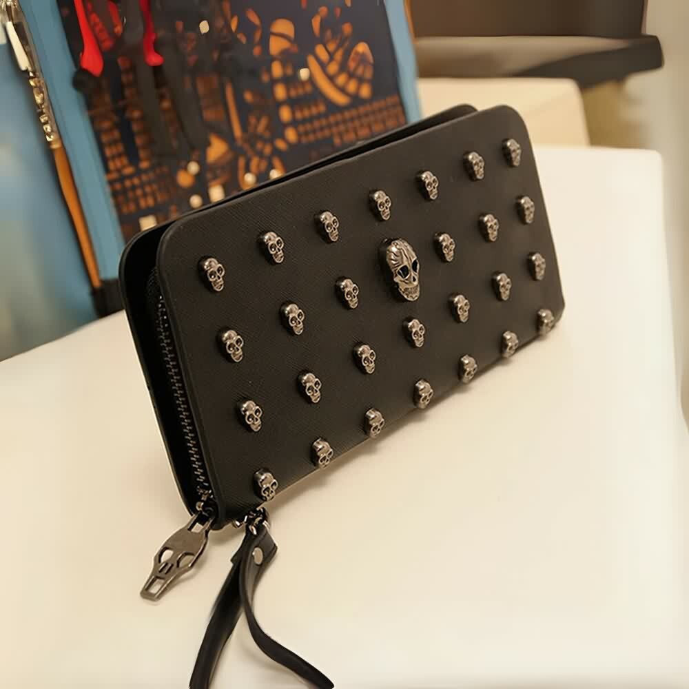 Gothic Skull Black Leather Clutch - Y2K Grunge, 90s Fashion, Retro Style, Pastel Goth Accessory