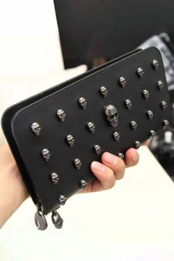 Gothic Skull Black Leather Clutch - Y2K Grunge, 90s Fashion, Retro Style, Pastel Goth Accessory