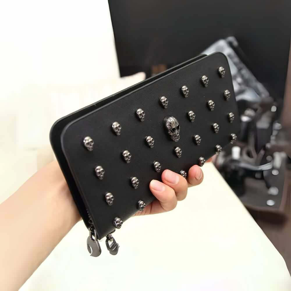 Gothic Skull Black Leather Clutch - Y2K Grunge, 90s Fashion, Retro Style, Pastel Goth Accessory