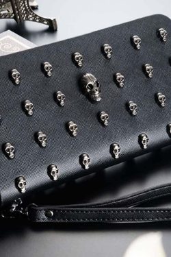 Gothic Skull Black Leather Clutch - Y2K Grunge, 90s Fashion, Retro Style, Pastel Goth Accessory