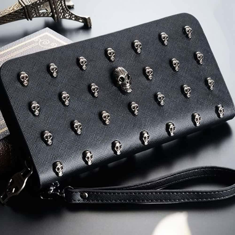 Gothic Skull Black Leather Clutch - Y2K Grunge, 90s Fashion, Retro Style, Pastel Goth Accessory