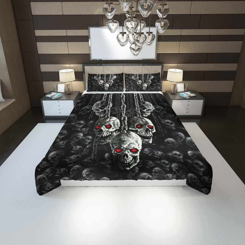 Gothic Skull Chain Duvet Cover Set - Y2K Grunge, 90s Retro, Pastel Goth, Dark Y2K