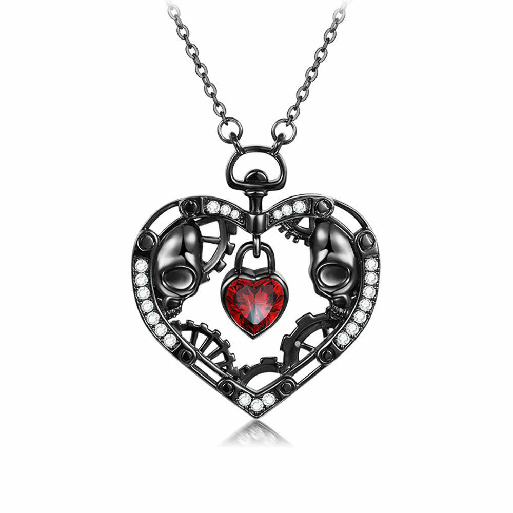 Gothic Skull Heart Pendant Necklace - Y2K Grunge, 90s Retro, Pastel Goth, Y2K Party Outfit