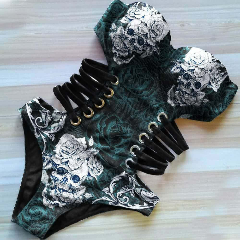 Gothic Skull Monokini One Piece Swimsuit - Y2K Grunge, 90s Retro, Summer Beach Outfit