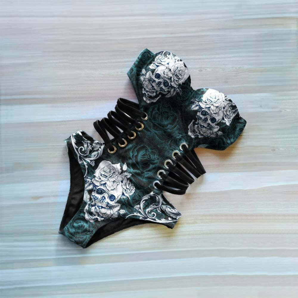 Gothic Skull Monokini One Piece Swimsuit - Y2K Grunge, 90s Retro, Summer Beach Outfit