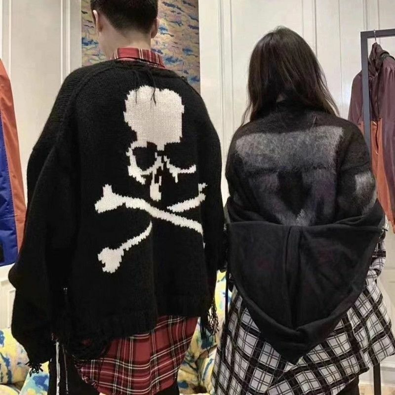 Gothic Skull Print Black Knitted Sweater - Y2K Grunge, 90s Fashion, Retro Style, Dark Y2K Outfit