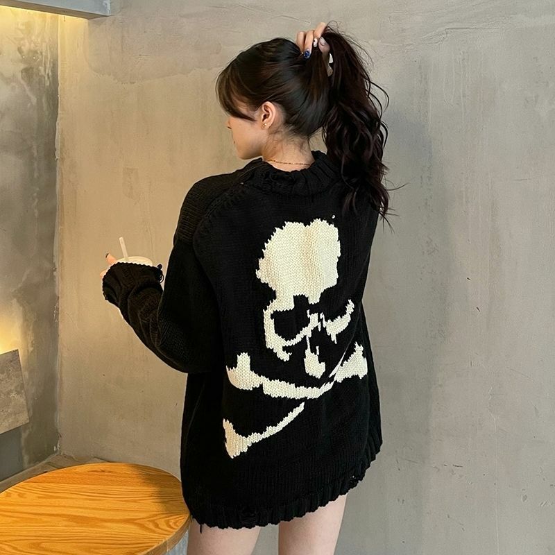 Gothic Skull Print Black Knitted Sweater - Y2K Grunge, 90s Fashion, Retro Style, Dark Y2K Outfit